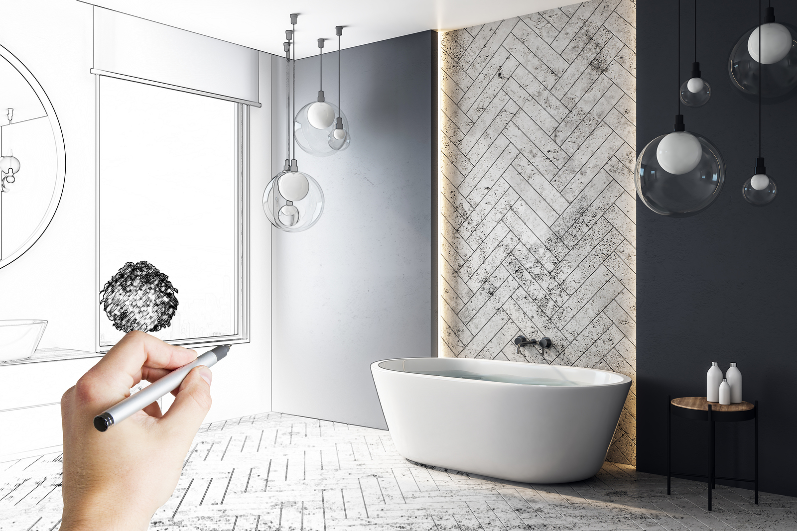 Contemporary hand drawn bathroom interior design. Engineering and architecture concept.
